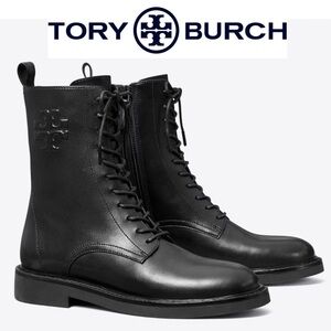 Tory Burch DOUBLE T COMBAT BOOT Black Leather Lace-Up Ankle Boots